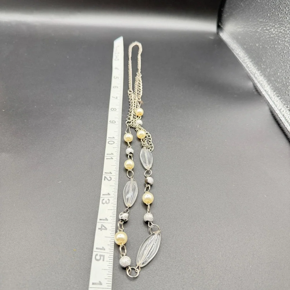 Silver Tone Faux Pearl Clear Bead Long Layering Necklace Y2K Boho Statement
